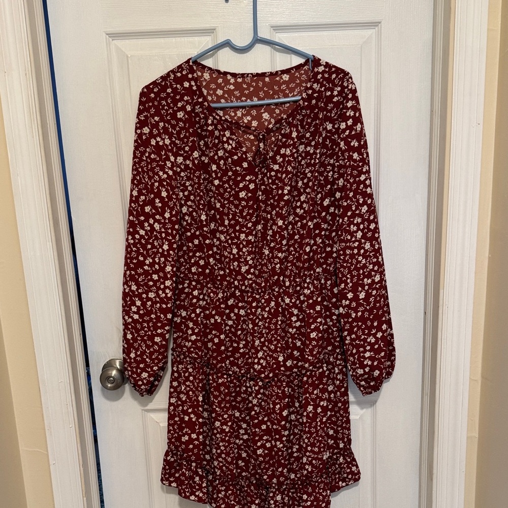 SHEIN Rust Red Floral Ruffle Dress